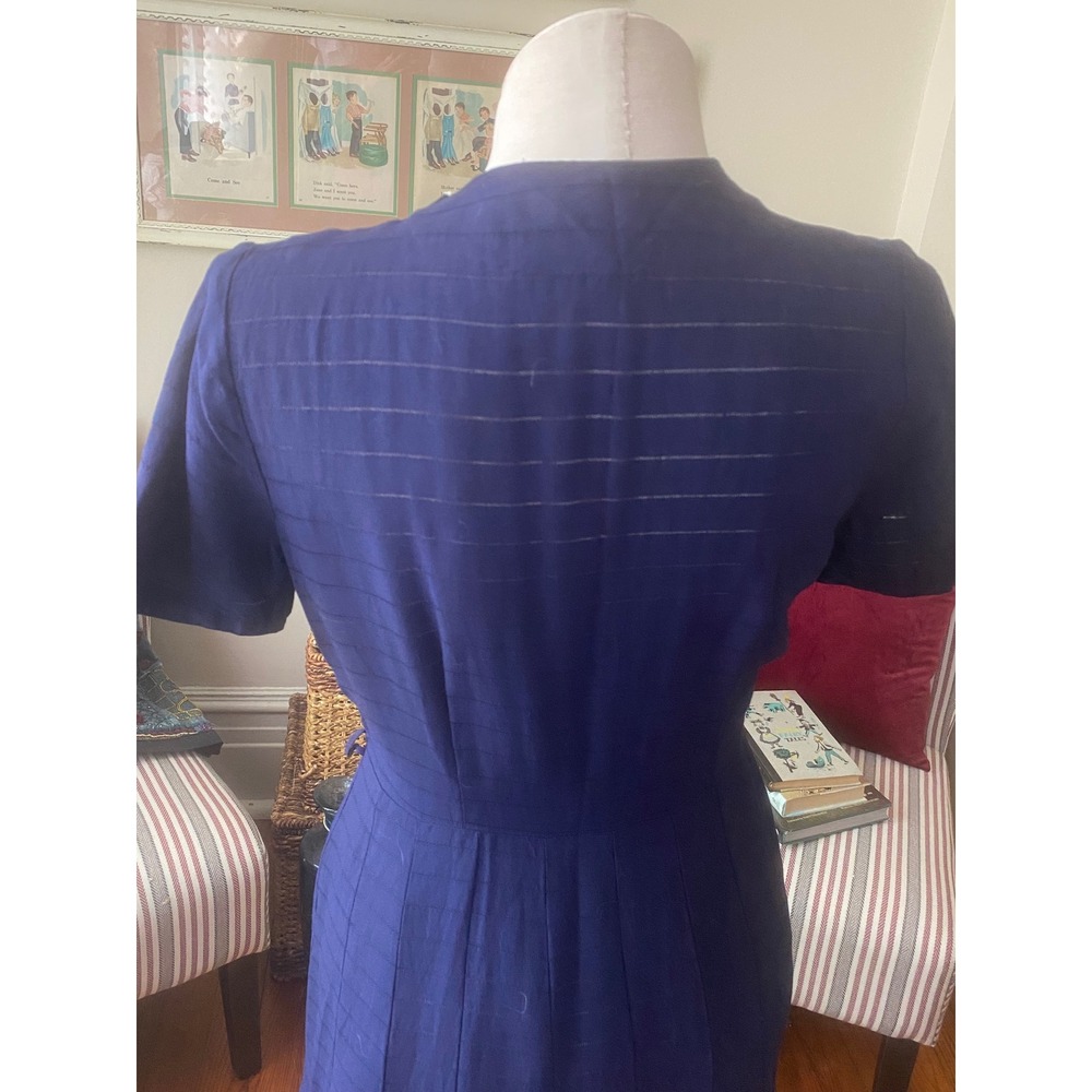 Vtg 1940s Navy Blue Shadow Stripe Button Front Day Dress Square Neck Sz L - Picture 6 of 7